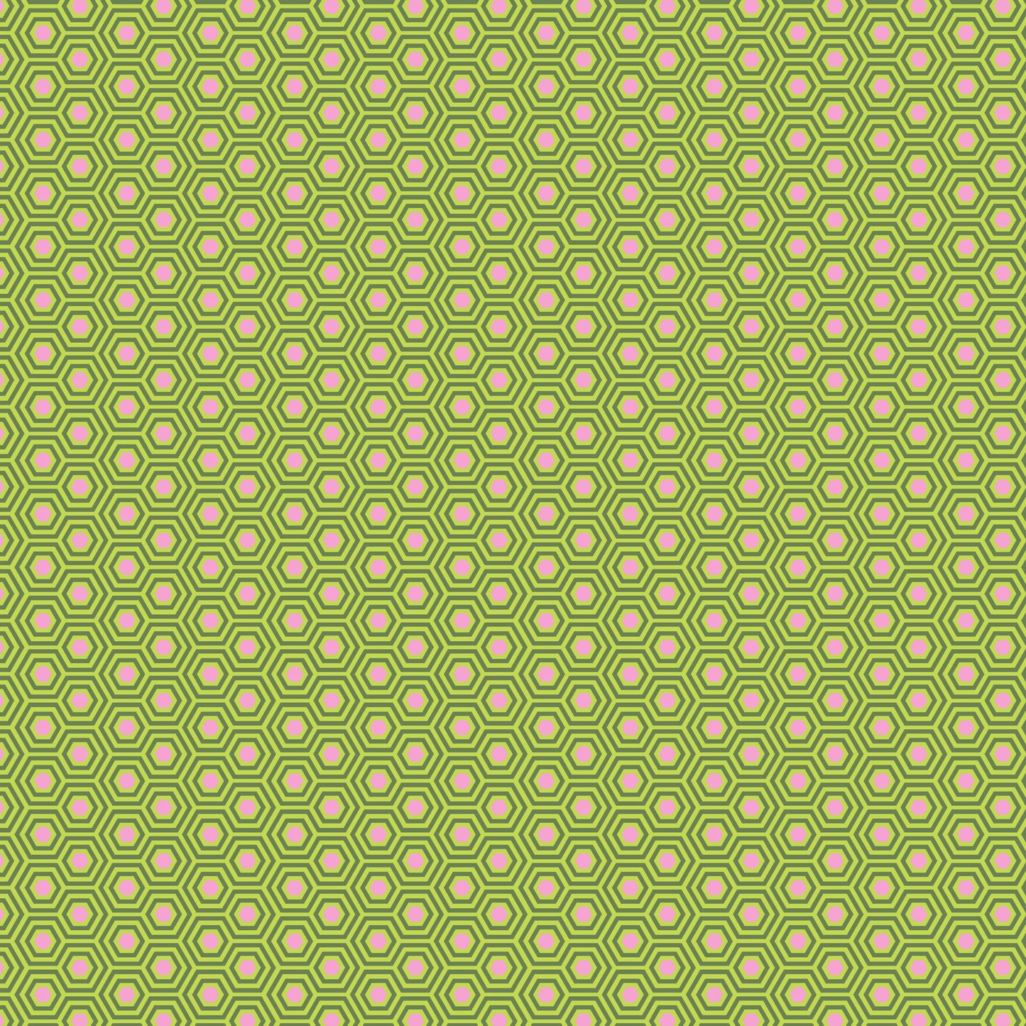 True Colors Hexy in Juniper features bright dots of soft pink that form the centers of small green hexagons.