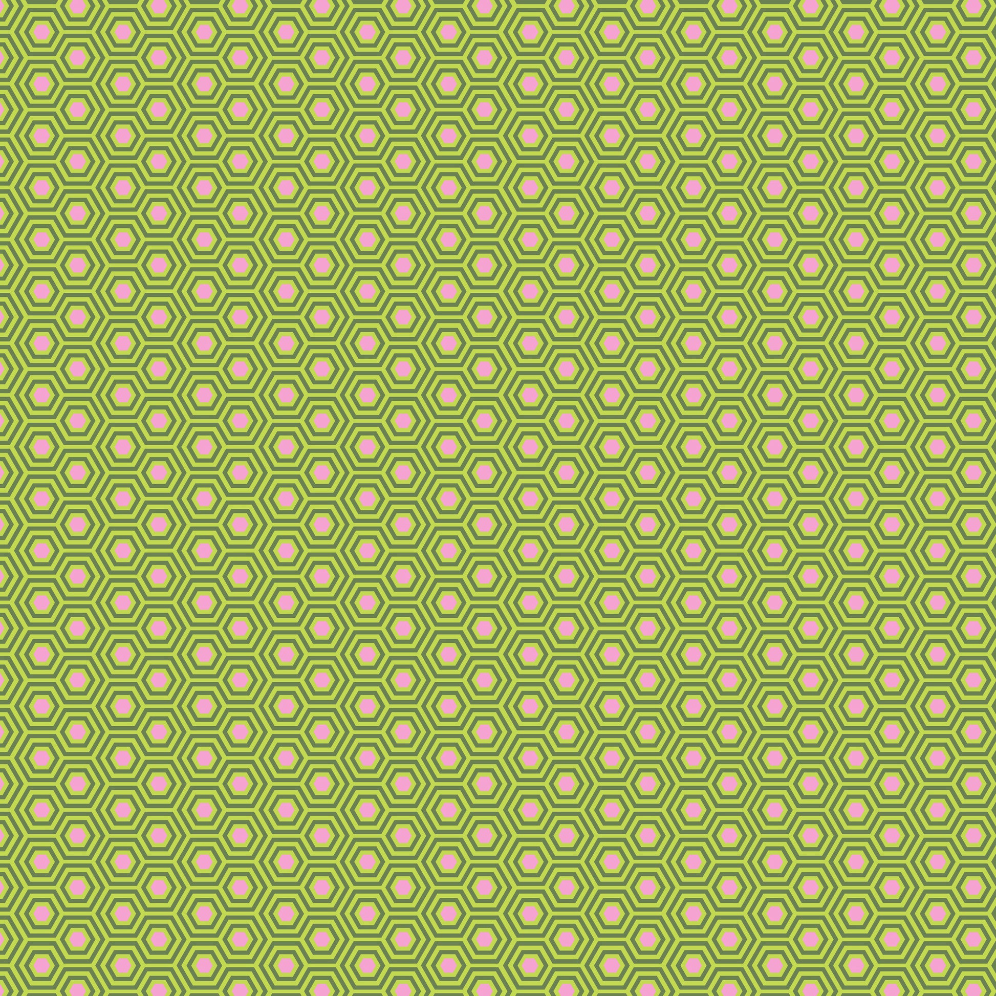 True Colors Hexy in Juniper features bright dots of soft pink that form the centers of small green hexagons.