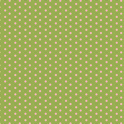 True Colors Hexy in Juniper features bright dots of soft pink that form the centers of small green hexagons.