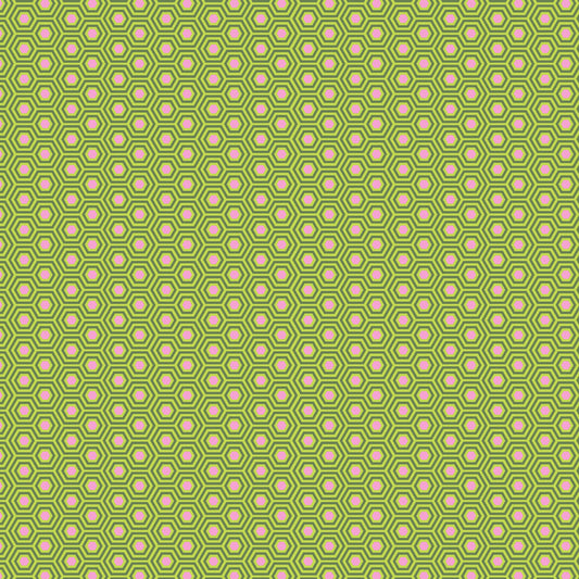 True Colors Hexy in Juniper features bright dots of soft pink that form the centers of small green hexagons.