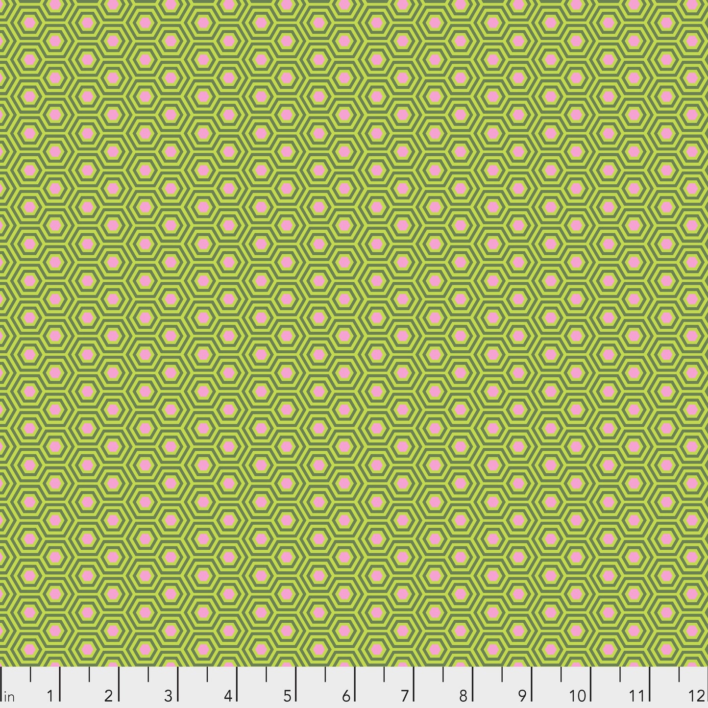 True Colors Hexy in Juniper features bright dots of soft pink that form the centers of small green hexagons.