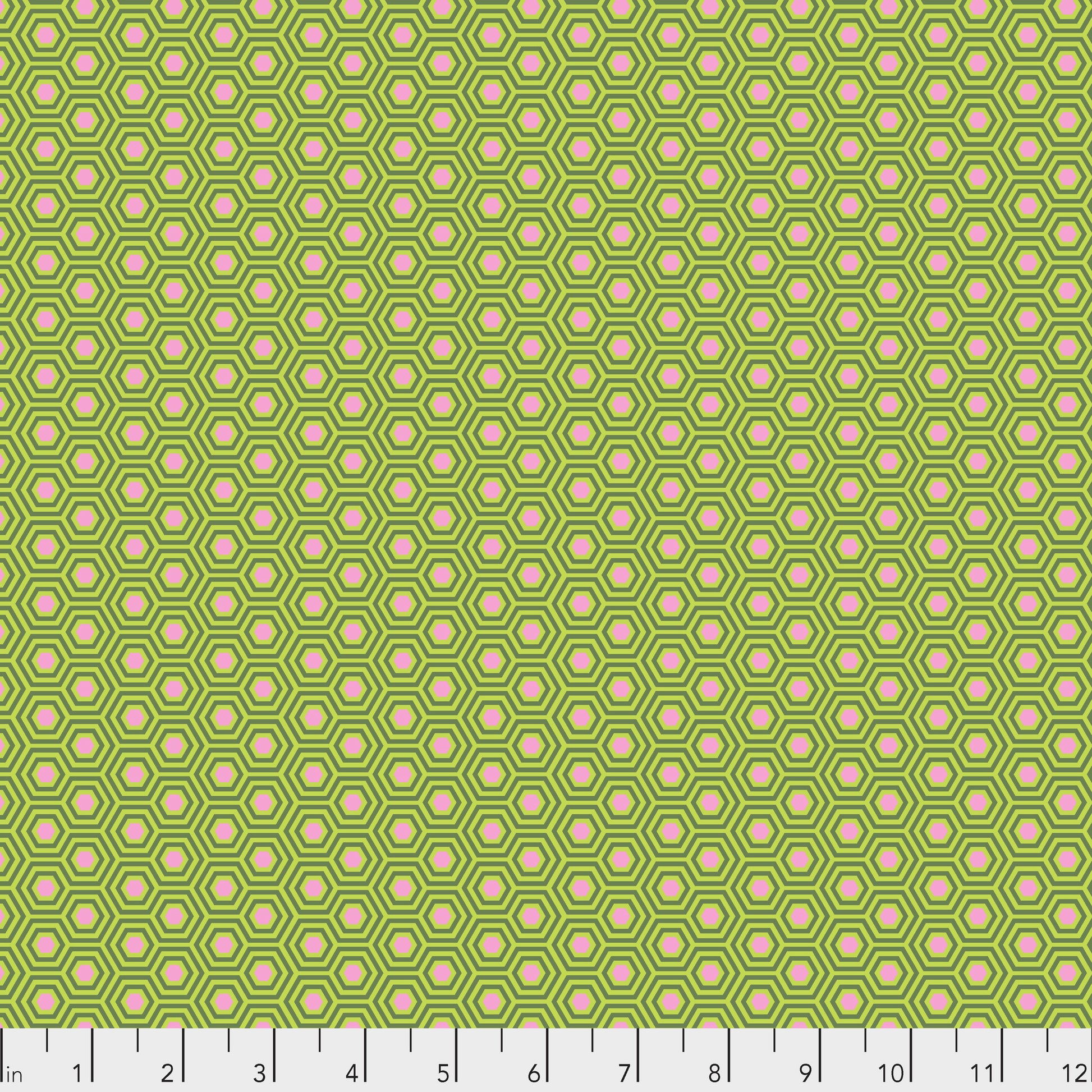 True Colors Hexy in Juniper features bright dots of soft pink that form the centers of small green hexagons.