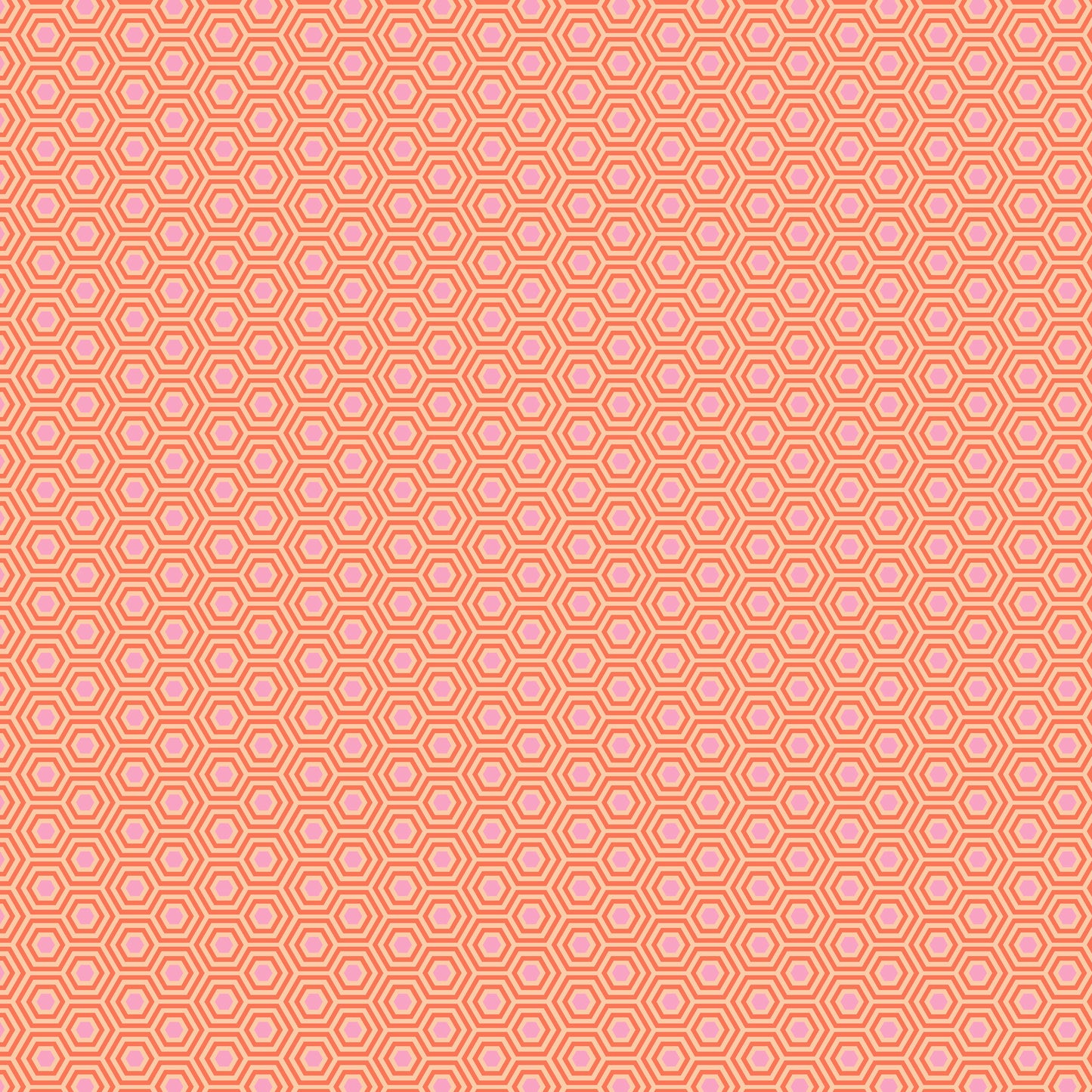 True Colors Hexy in Peach Blossom features soft pink dots that form the centers of small peach hexagons.