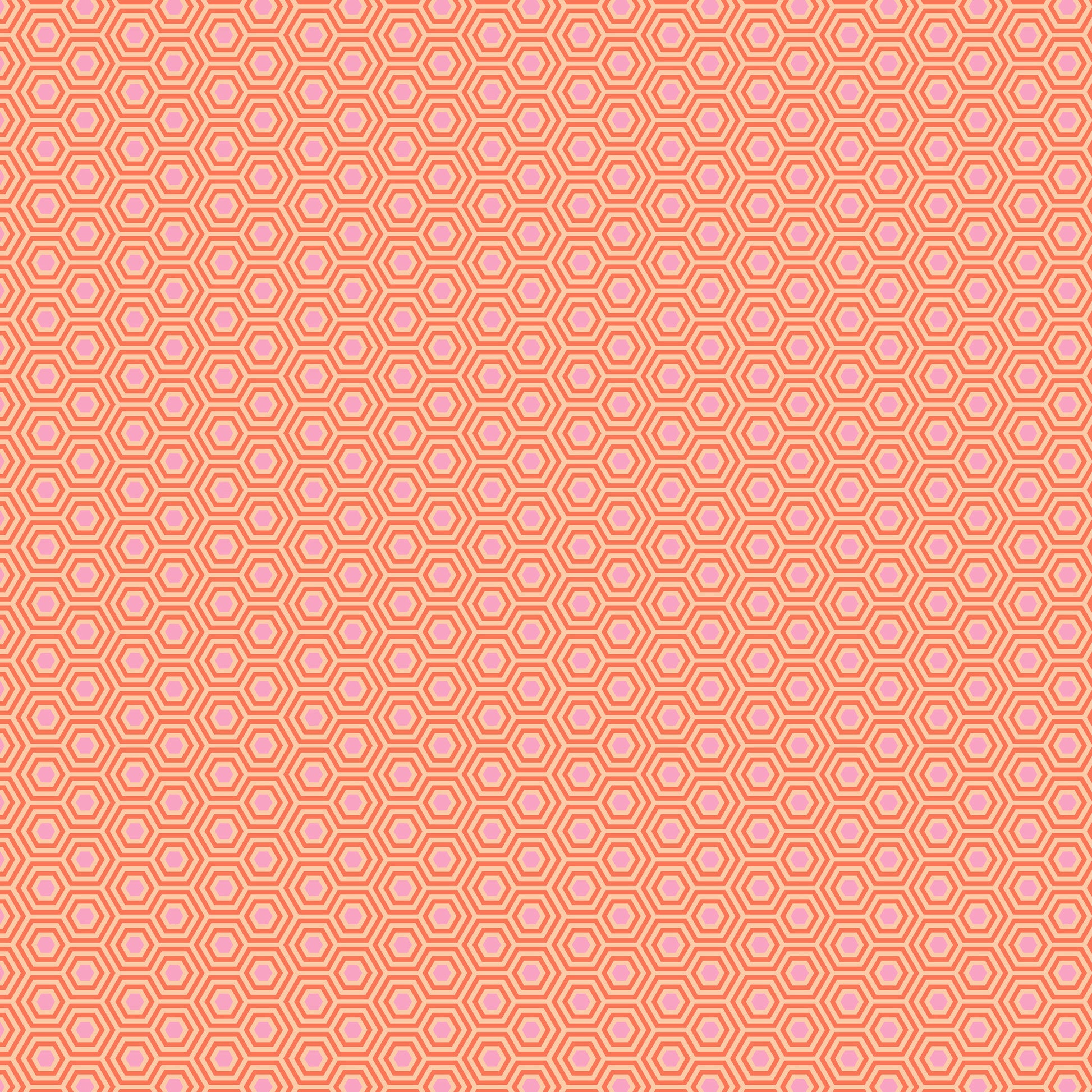 True Colors Hexy in Peach Blossom features soft pink dots that form the centers of small peach hexagons.