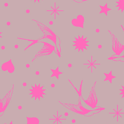 Neon Fairy Flakes in Cosmic features fuchsia swooping birds, stars, hearts, and dots tossed across a magenta-grey background.