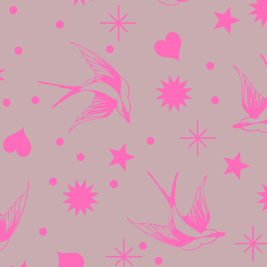 Neon Fairy Flakes in Cosmic features fuchsia swooping birds, stars, hearts, and dots tossed across a magenta-grey background.