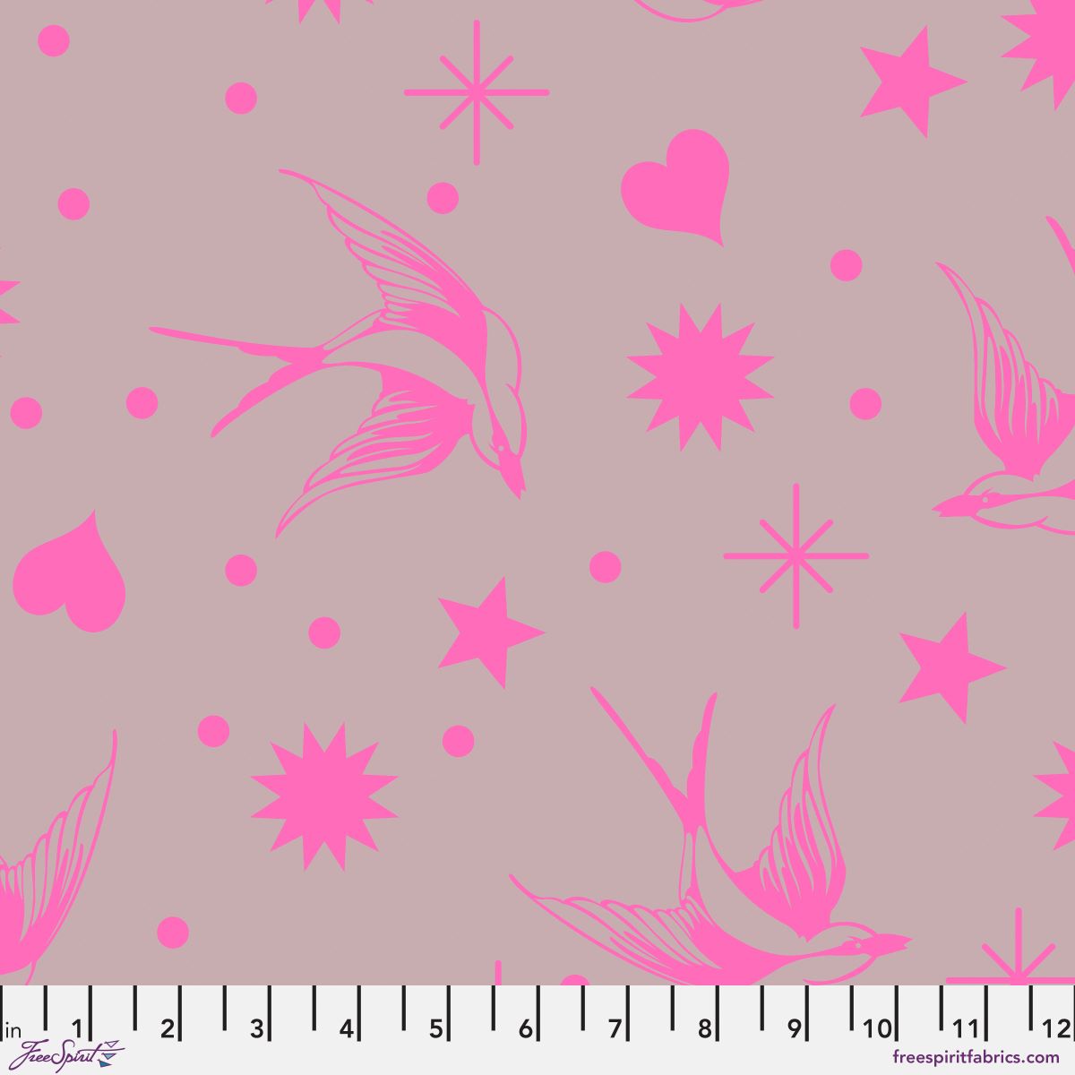 Neon Fairy Flakes in Cosmic features fuchsia swooping birds, stars, hearts, and dots tossed across a magenta-grey background. 12 inch ruler at the bottom for scale