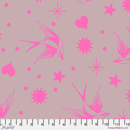 Neon Fairy Flakes in Cosmic features fuchsia swooping birds, stars, hearts, and dots tossed across a magenta-grey background. 12 inch ruler at the bottom for scale