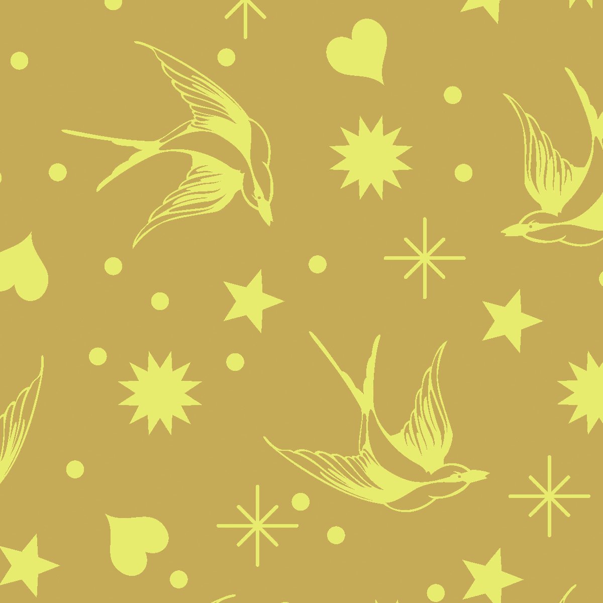 Neon Fairy Flakes in Moon Beam features yellow swooping birds, stars, hearts, and dots tossed across a gold background.