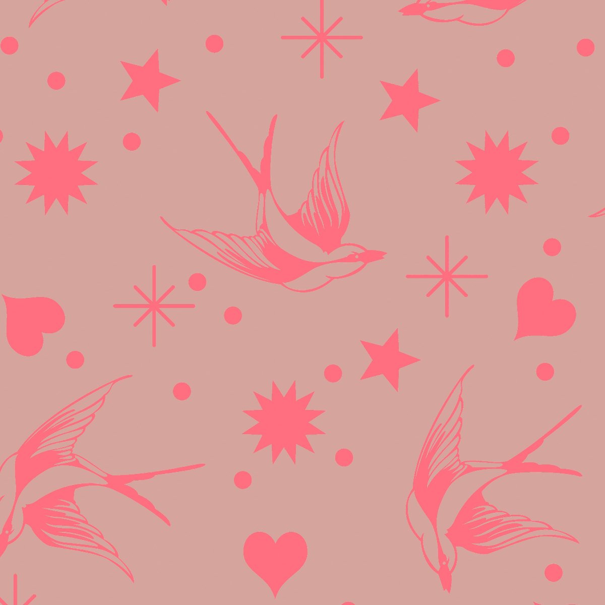 Neon Fairy Flakes in Nova features strawberry pink swooping birds, stars, hearts, and dots tossed across a rosy-grey background.