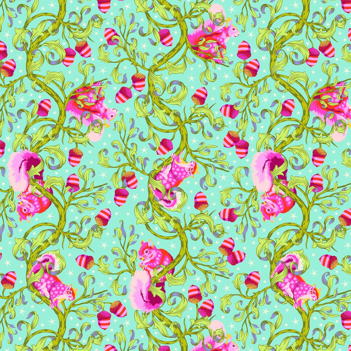 This Tiny Beasts Oh Nuts! in Glimmer features bright pink squirrels and green leafy branches adorned with pink striped acorns on a mint blue background.