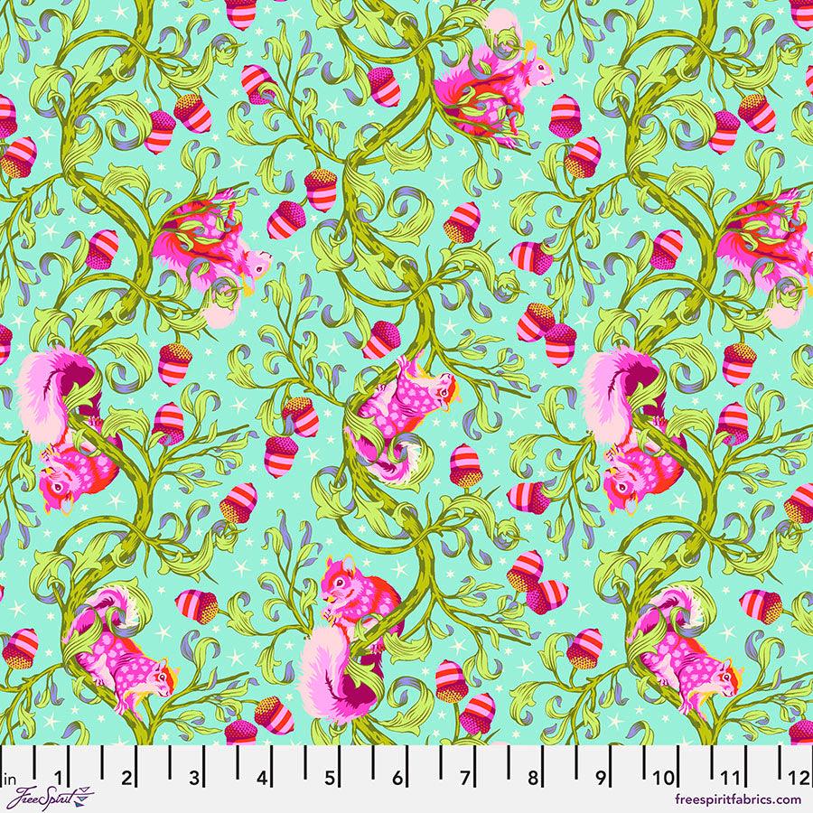 This Tiny Beasts Oh Nuts! in Glimmer features bright pink squirrels and green leafy branches adorned with pink striped acorns on a mint blue background.