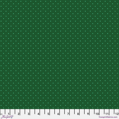 True Colors Tiny Dots in Lilypad features tiny light-green pin dots on a dark green background.