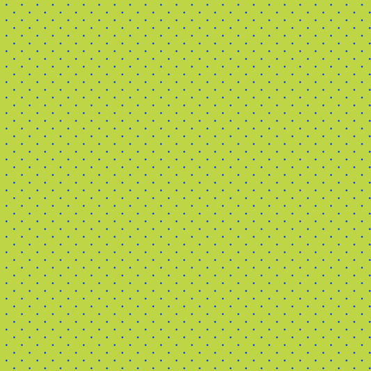 True Colors Tiny Dots in Meadow features tiny navy blue pin dots on a lime green background.