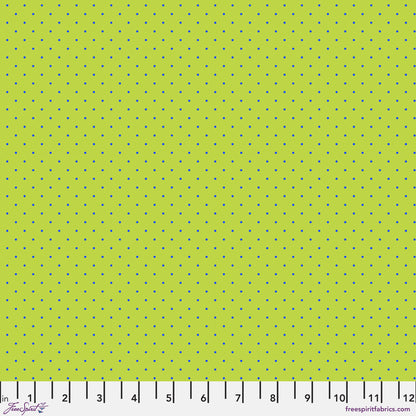 True Colors Tiny Dots in Meadow features tiny navy blue pin dots on a lime green background.