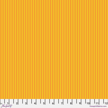 True Colors Tiny Stripes in Sunrise features tiny red pinstripes on a warm yellow background.