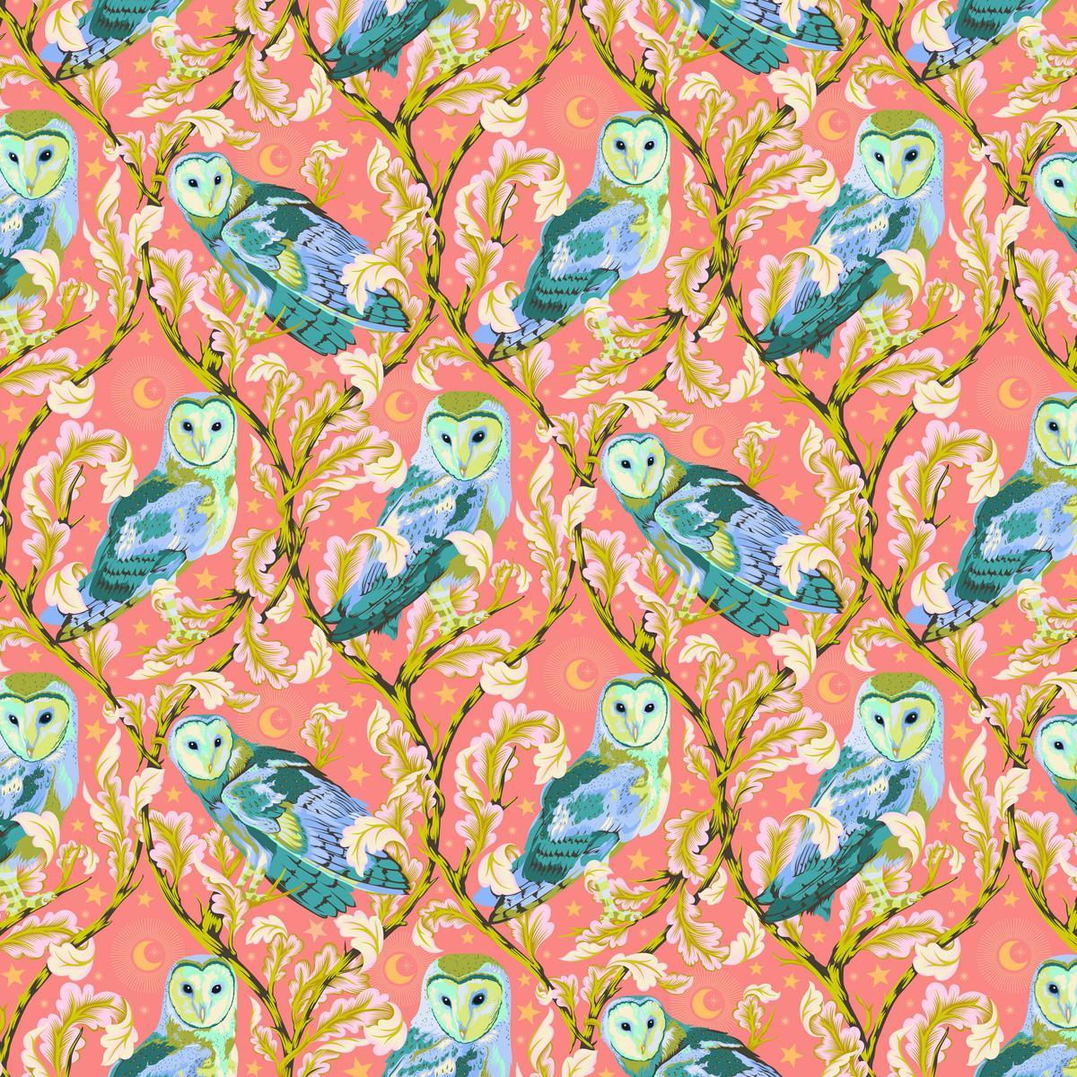 This Moon Garden Night Owl in Dawn features aqua, teal, and green owls perched on winding lime-green branches set against a coral-pink background accented with stars and moons.