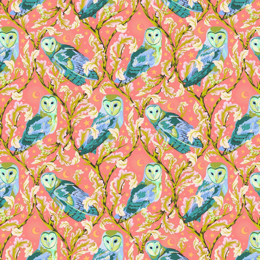 This Moon Garden Night Owl in Dawn features aqua, teal, and green owls perched on winding lime-green branches set against a coral-pink background accented with stars and moons.