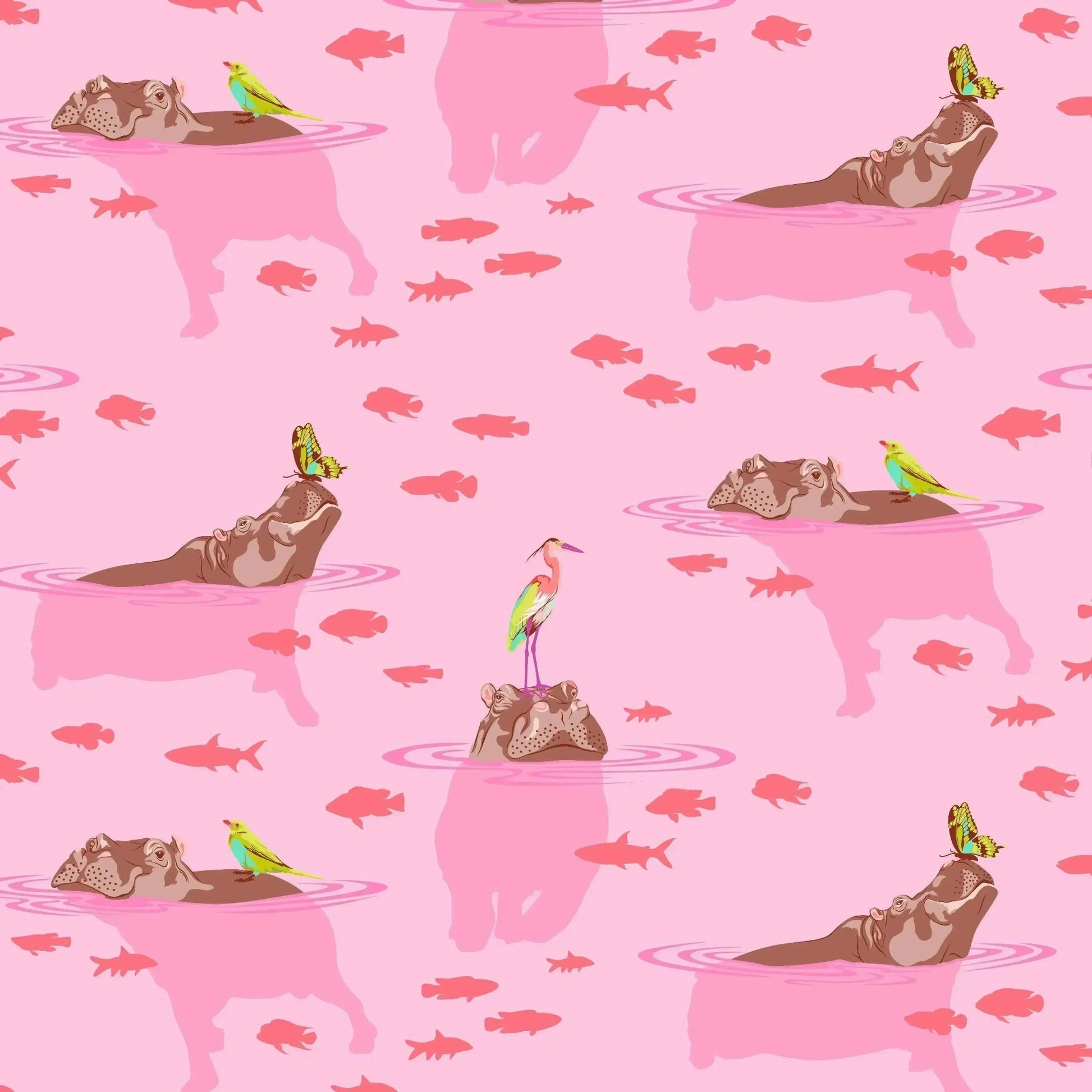 Pattern of hippopotamuses swimming in pink water, surrounded by coral fish and colorful birds.