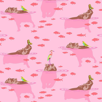 Pattern of hippopotamuses swimming in pink water, surrounded by coral fish and colorful birds.