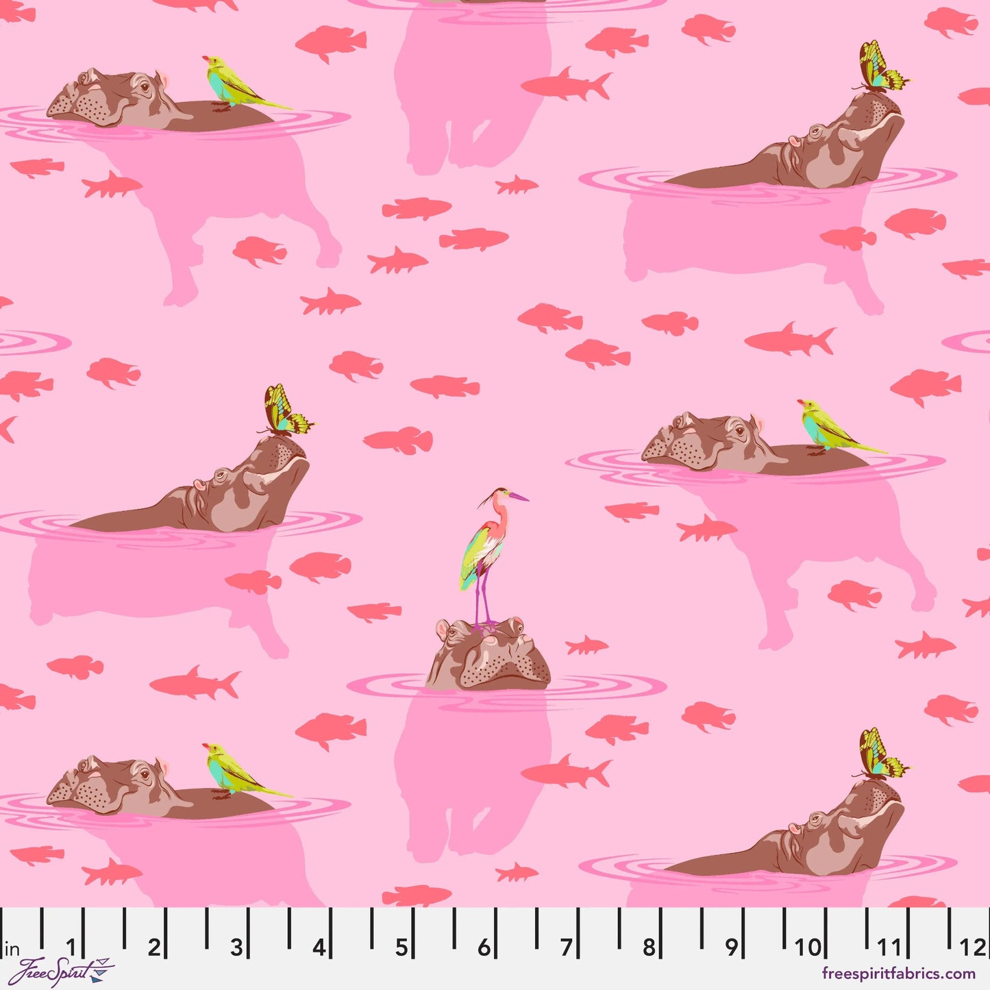 Pattern of hippopotamuses swimming in pink water, surrounded by coral fish and colorful birds. Ruler for scale.