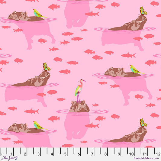 Pattern of hippopotamuses swimming in pink water, surrounded by coral fish and colorful birds. Ruler for scale.