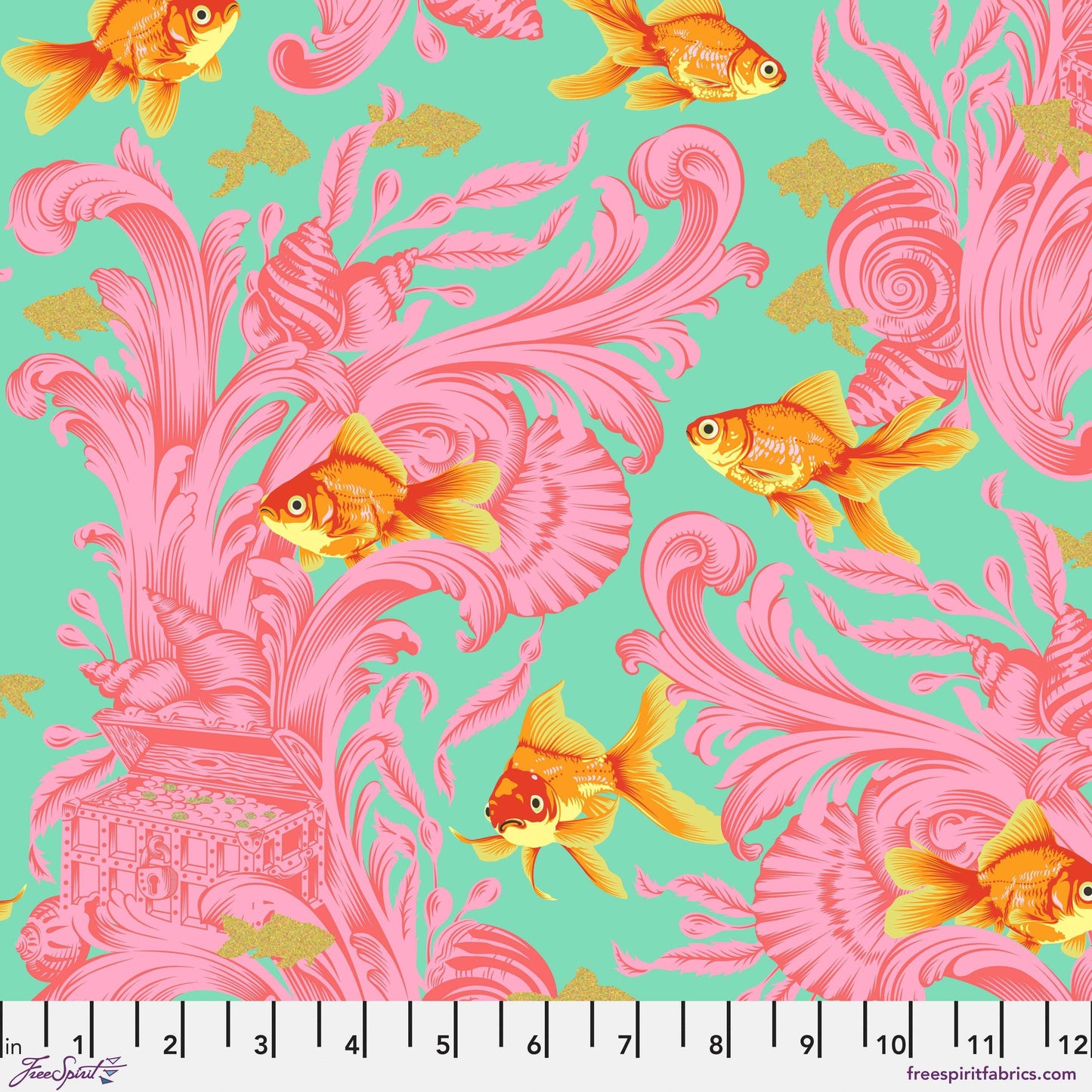 This Besties Treading Water in Blossom features bright orange goldfish swimming among pink aquatic plants, seashells, and pirate treasure against an aqua-blue background. Metallic gold silhouettes of fish sparkle in the background.