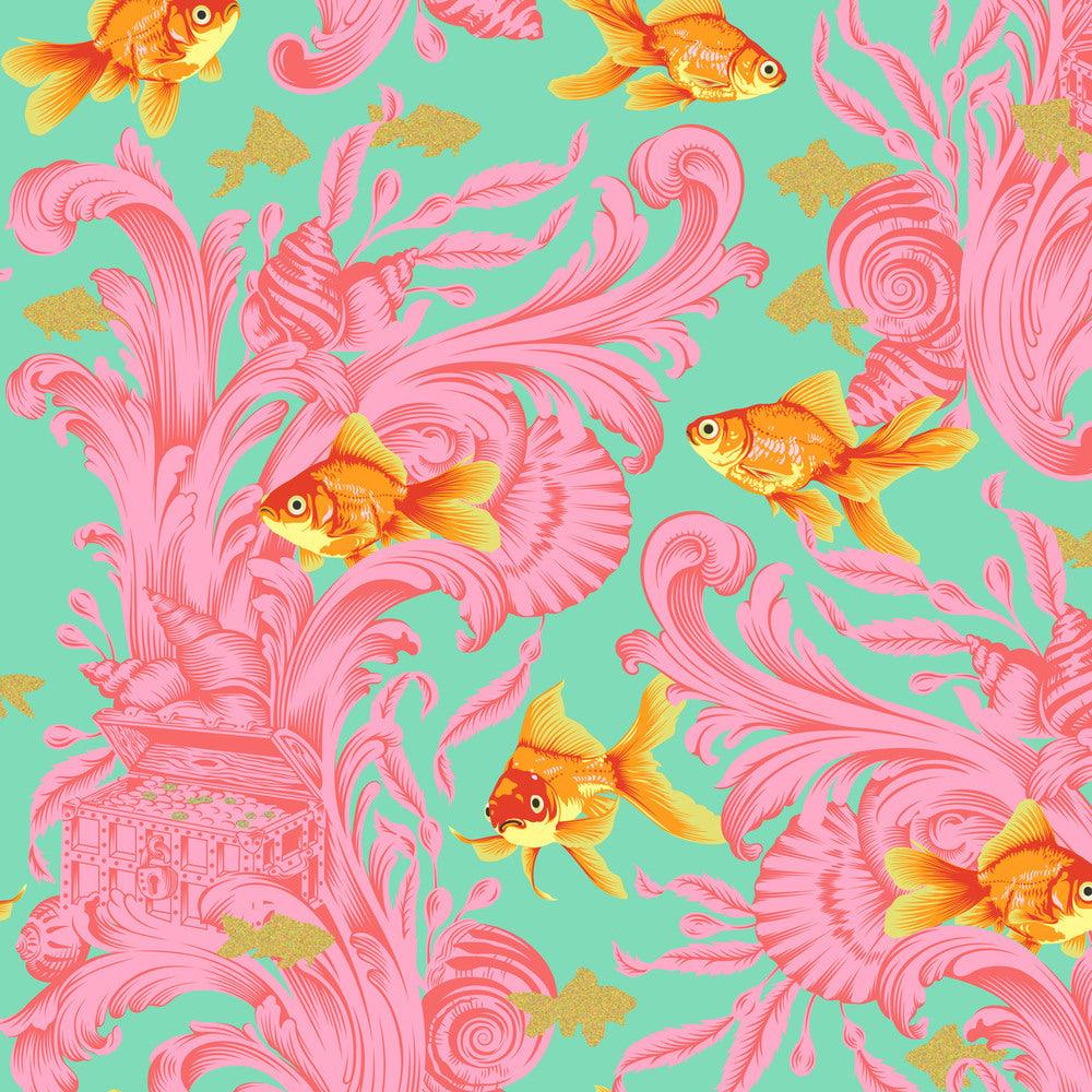 This Besties Treading Water in Blossom features bright orange goldfish swimming among pink aquatic plants, seashells, and pirate treasure against an aqua-blue background. Metallic gold silhouettes of fish sparkle in the background.