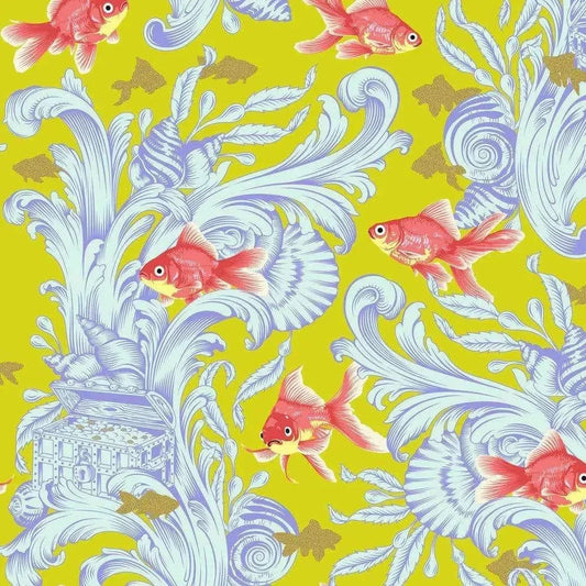 Pattern of red goldfish and decorative fourishes on a yellow background