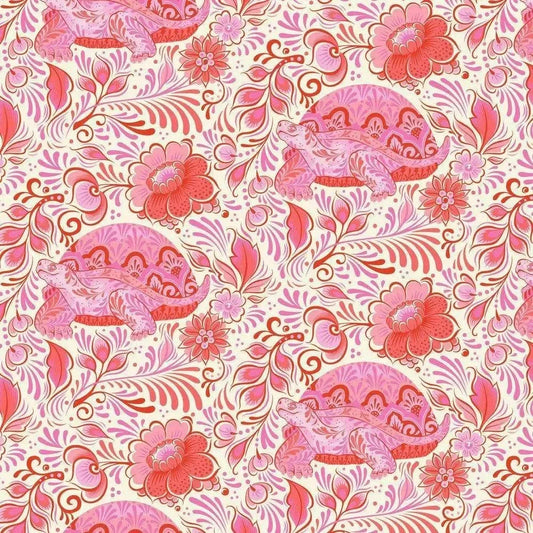 Pattern of pink turtles and flowers on a light background