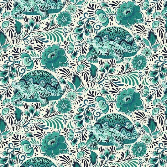 Pattern of turtles and flowers in teal and black on a white background