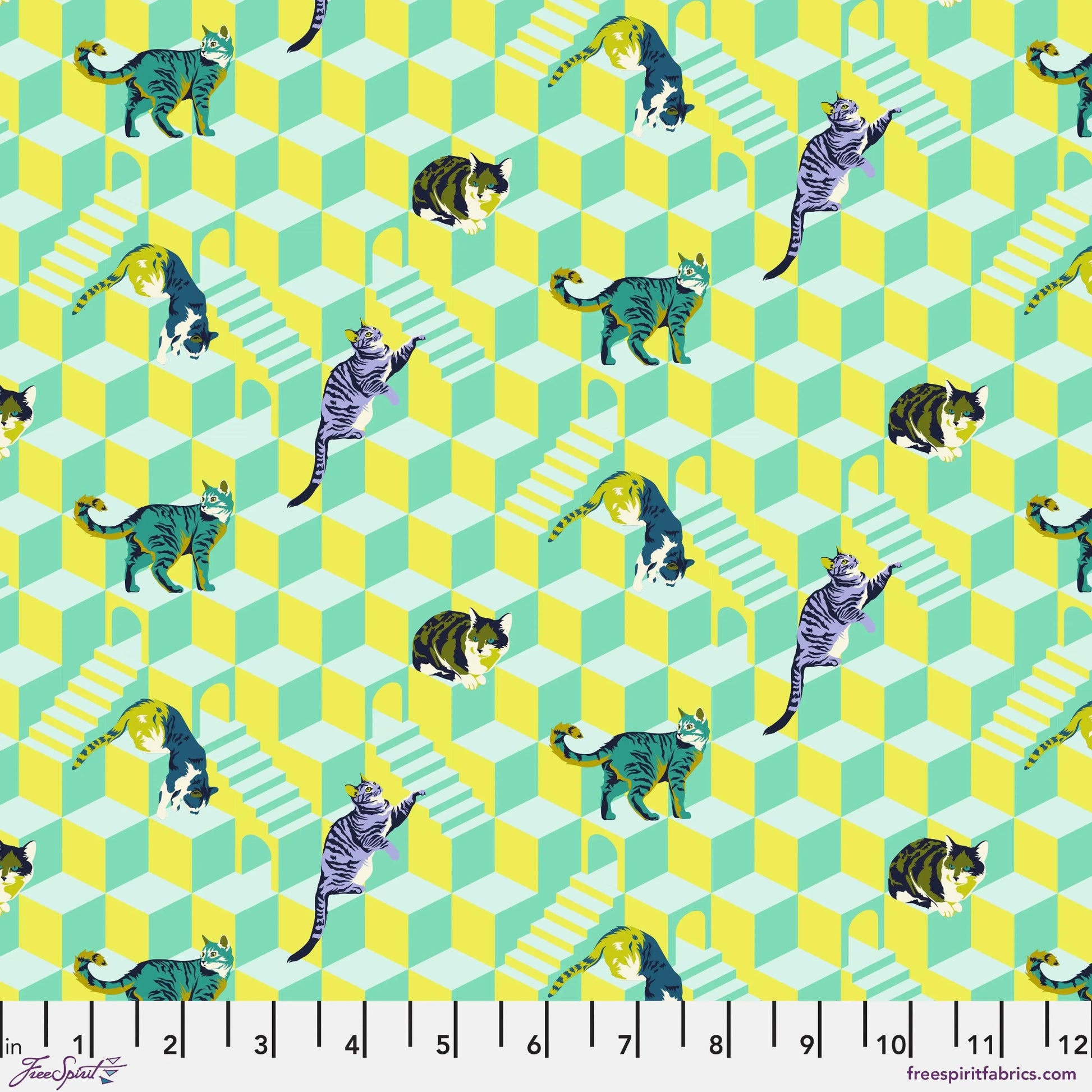 Pattern of cats on a geometric green and yellow background with a ruler at the bottom.