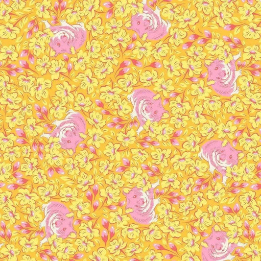 Pattern of pink hamsters and yellow flowers on a yellow background
