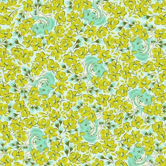 Pattern of teal hamsters and lime green flowers on a light blue background