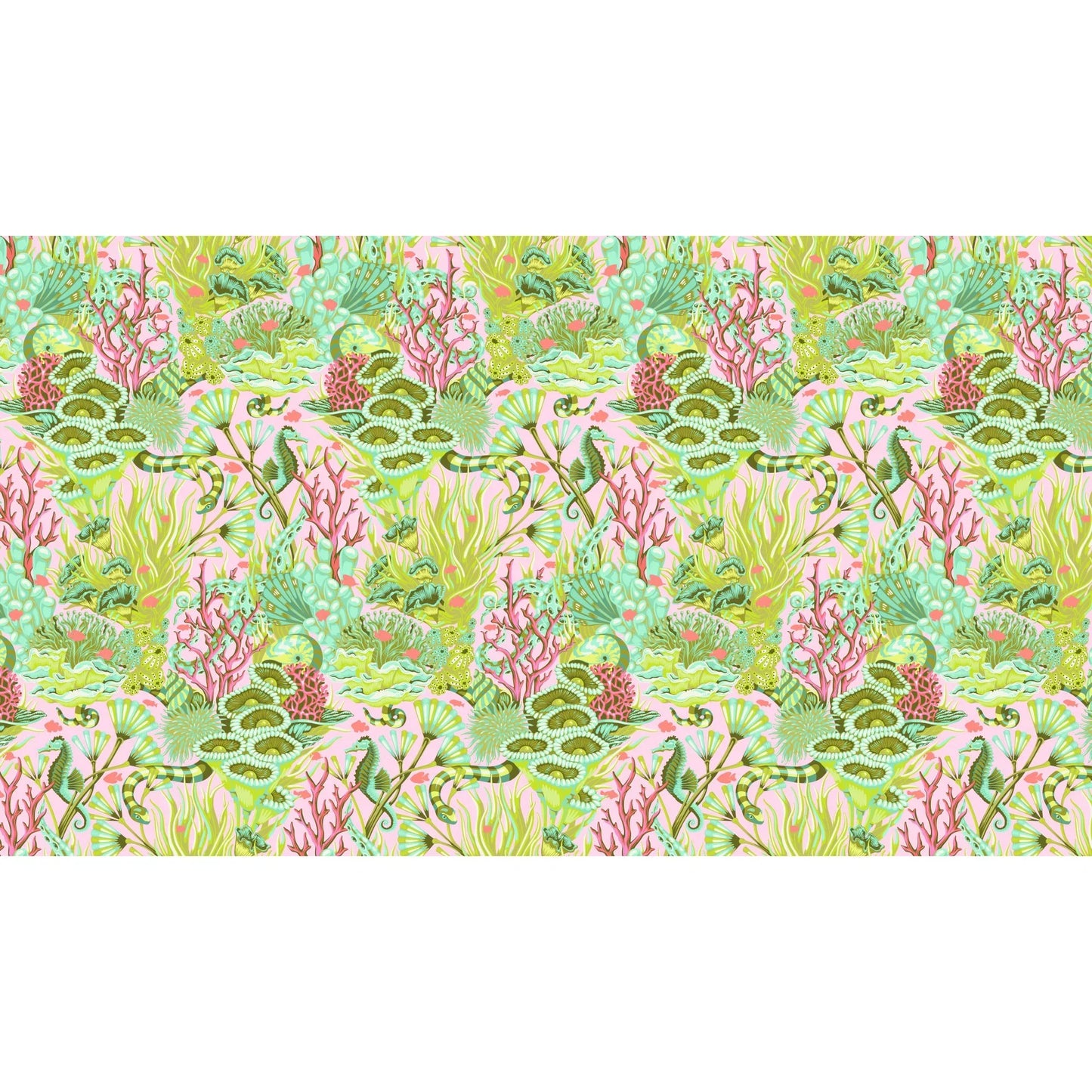 Fabric design of underwater sea life with green, pink, and magenta colors.