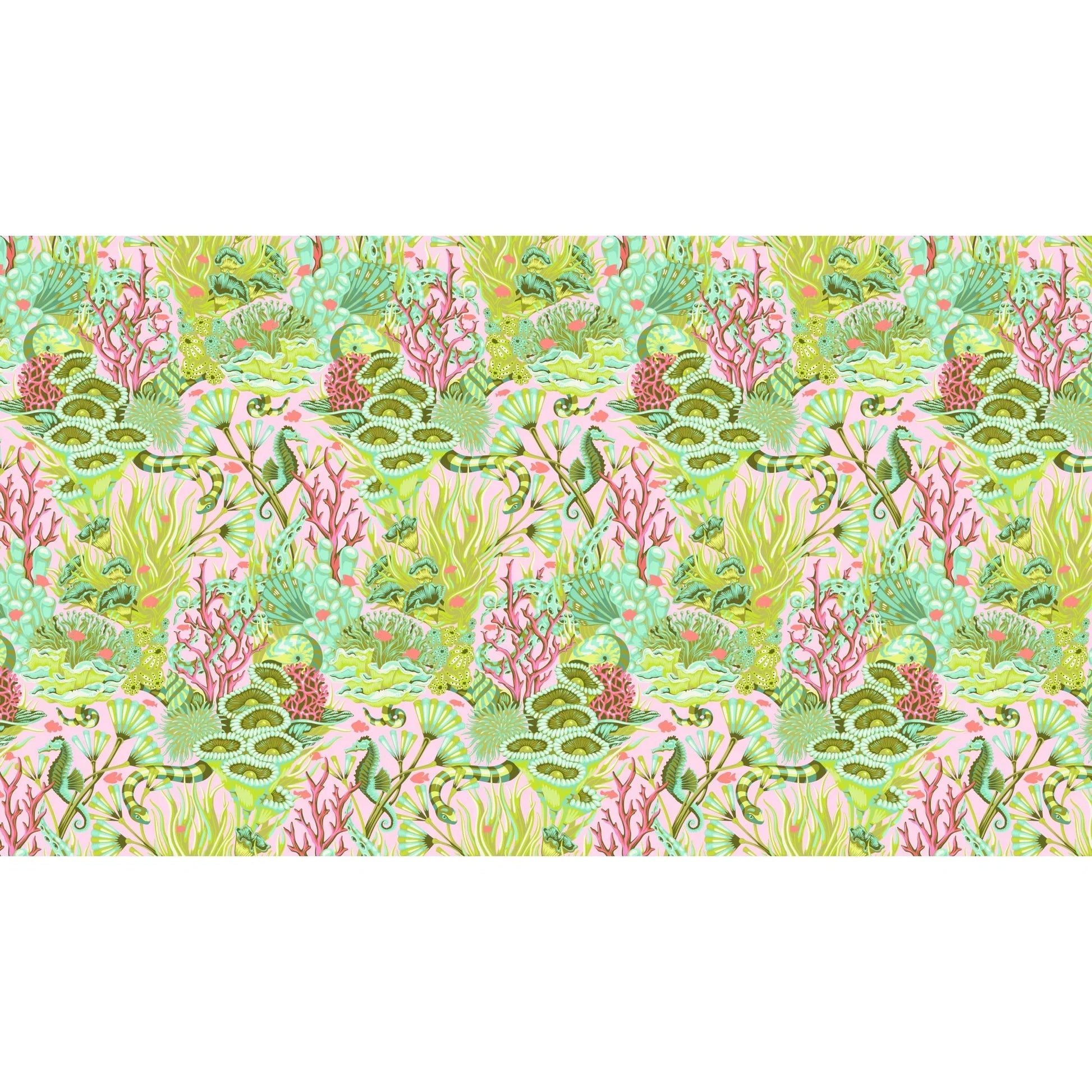 Fabric design of underwater sea life with green, pink, and magenta colors.