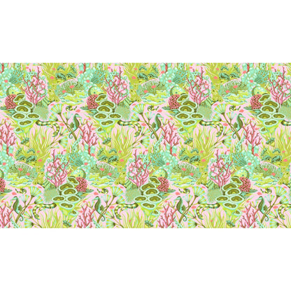 Fabric design of underwater sea life with green, pink, and magenta colors.