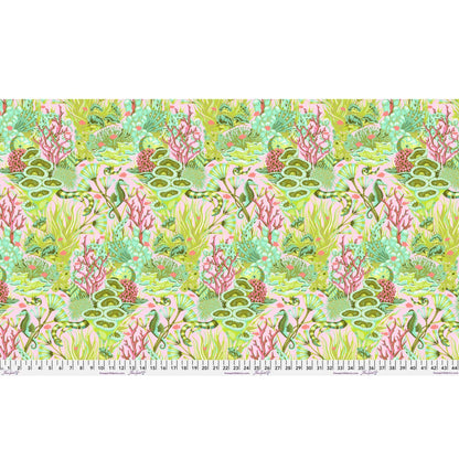 Fabric design of underwater sea life with green, pink, and magenta colors with a ruler at the bottom for scale.
