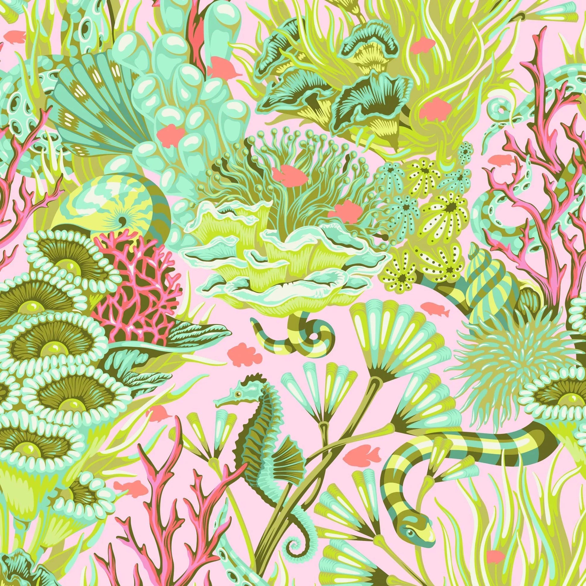 Colorful coral and seahorse pattern on a pink background