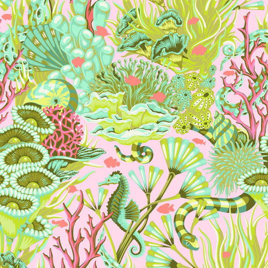 Colorful coral and seahorse pattern on a pink background