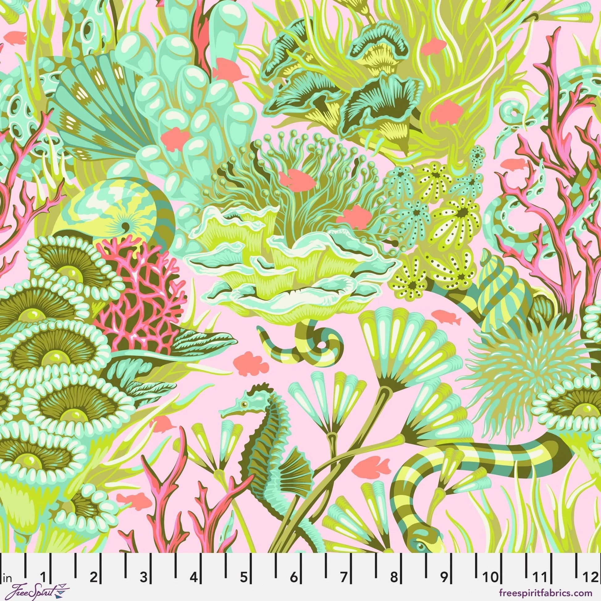 Colorful coral and sea life pattern on a pink background with a ruler at the bottom for scale.
