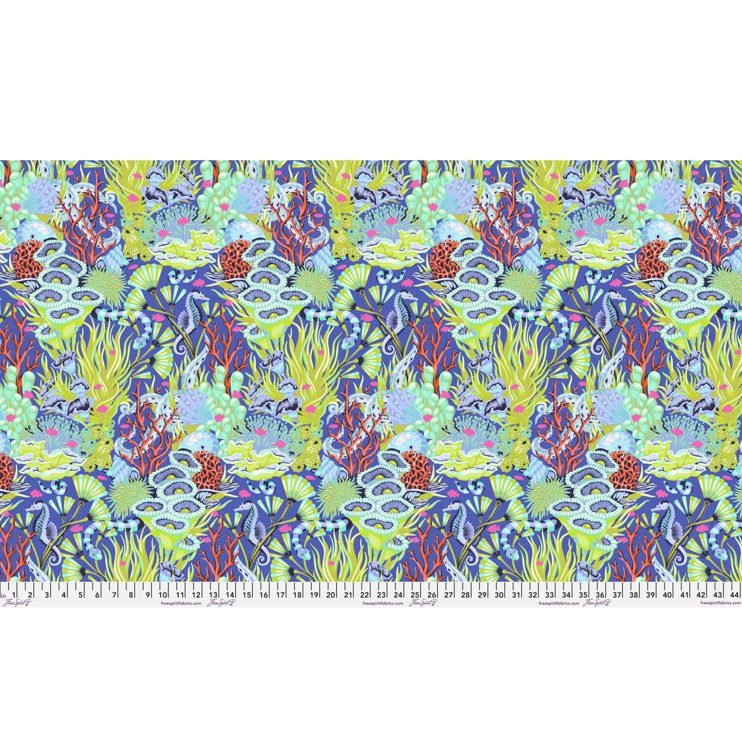 Colorful underwater scene with sea creatures and coral on a blue background with a ruler for scale