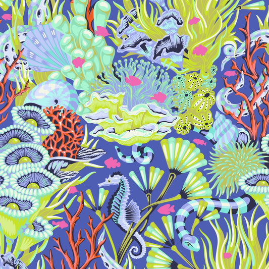 Colorful underwater scene with sea creatures and coral on a blue background