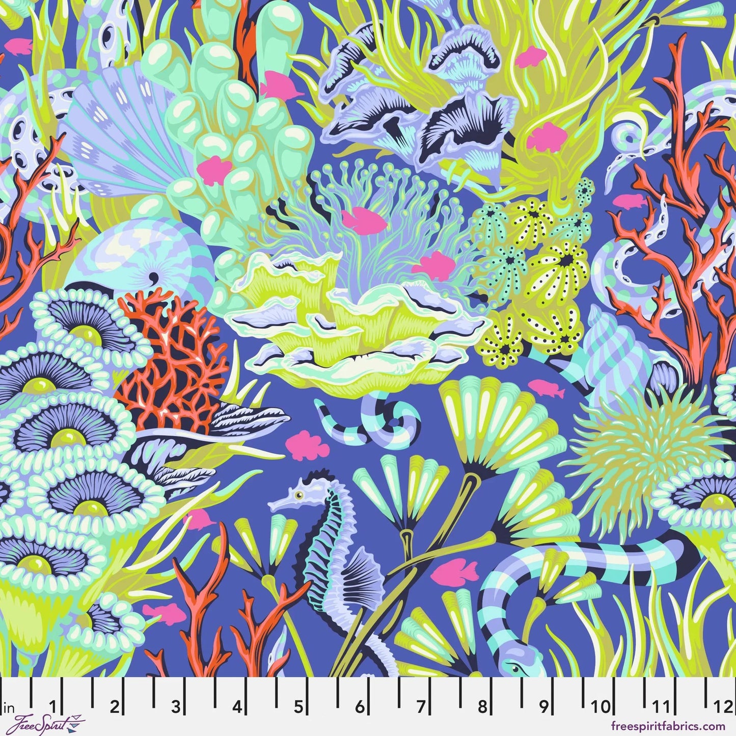 Colorful underwater scene with sea creatures and coral on a blue background with a ruler for scale