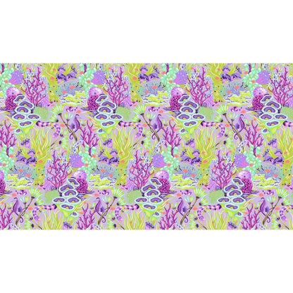 Fabric design of underwater sea life with green, purple, and fuchsia colors.