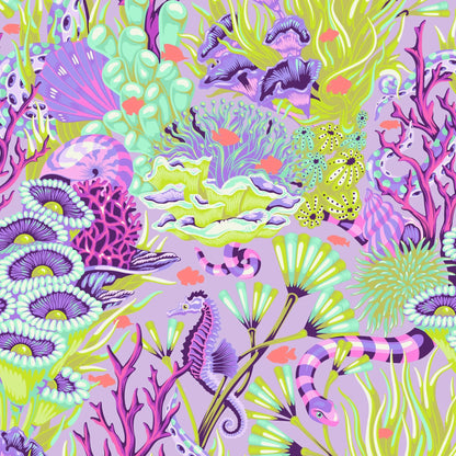 Colorful coral and seahorse pattern on a purple background