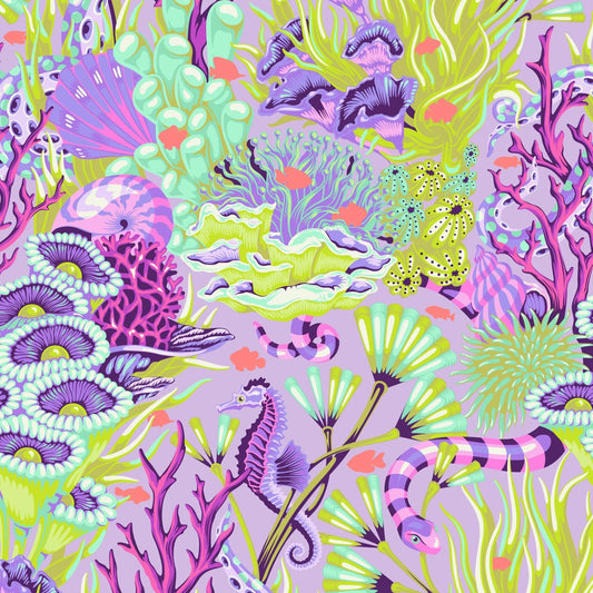 Colorful coral and seahorse pattern on a purple background