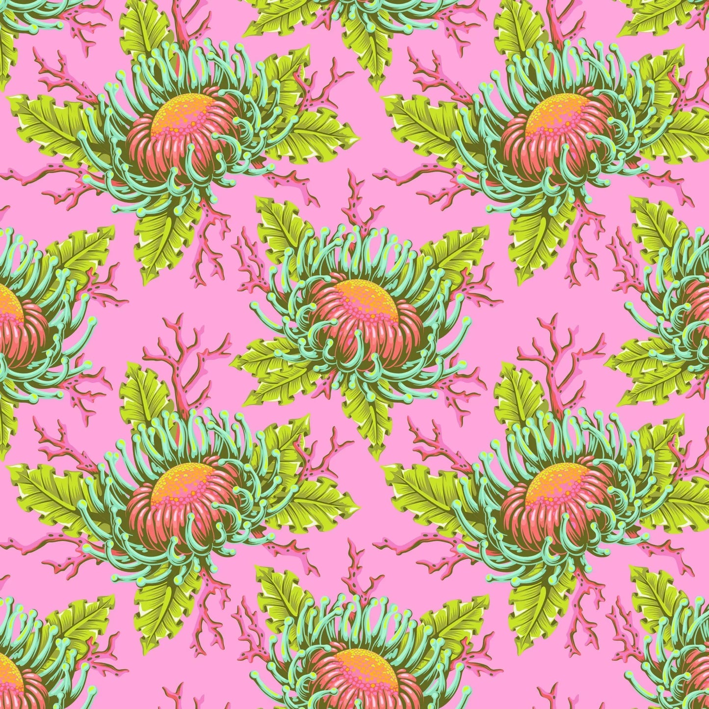 Pattern of large orange and pink sea anemone blooms with lime-green leaves on a bright pink background.