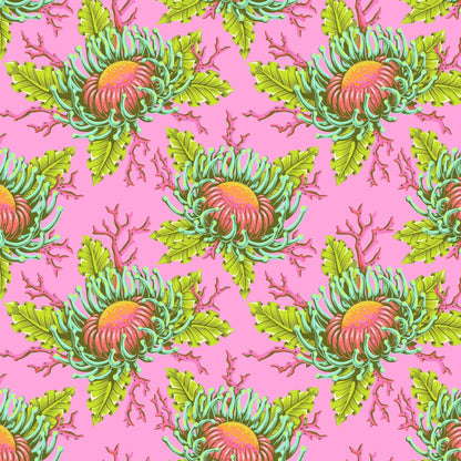Pattern of large orange and pink sea anemone blooms with lime-green leaves on a bright pink background.