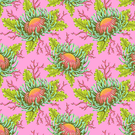 Pattern of large orange and pink sea anemone blooms with lime-green leaves on a bright pink background.